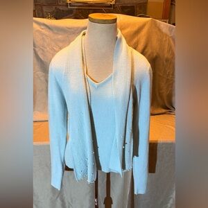 Chic Sky Blue V-Neck Sweater with attached scarf